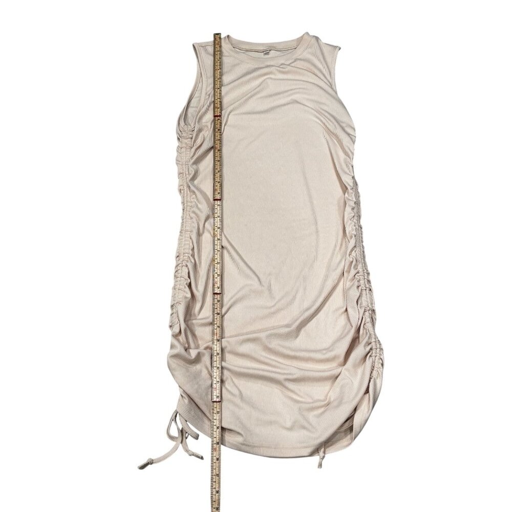 Sleeveless Ruched Side Beige Mini Dress With Adjustable Drawstrings - Picture 4 of 8